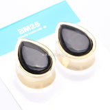 Detail View 4 of A Pair of Golden Brass Bali Black Onyx Stone Inlay Teardrop Double Flared Plug