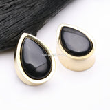 Detail View 1 of A Pair of Golden Brass Bali Black Onyx Stone Inlay Teardrop Double Flared Plug