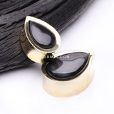 Detail View 3 of A Pair of Golden Brass Bali Black Onyx Stone Inlay Teardrop Double Flared Plug