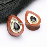Detail View 1 of A Pair of Golden Brass Onyx Sabo Wood Teardrop Double Flared Plug