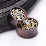 Detail View 3 of A Pair of Royal Bali Abalone Floral Brass Rosewood Double Flared Tunnel Plug
