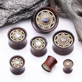 Detail View 2 of A Pair of Royal Bali Abalone Floral Brass Rosewood Double Flared Tunnel Plug