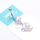 Detail View 4 of Hollow Crescent Moon Sparkle Star Orbit Dangle Belly Button Ring-Clear Gem