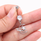 Detail View 3 of Hollow Crescent Moon Sparkle Star Orbit Dangle Belly Button Ring-Clear Gem
