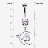 Detail View 1 of Hollow Crescent Moon Sparkle Star Orbit Dangle Belly Button Ring-Clear Gem