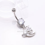 Detail View 2 of Hollow Crescent Moon Sparkle Star Orbit Dangle Belly Button Ring-Clear Gem
