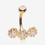 Golden Adorable Sparkle Triple Flower Arc Belly Button Ring