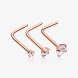 3 Pcs Pack of Assorted Rose Gold Prong Set Sparkle Gem L-Shaped Nose Ring-Clear Gem