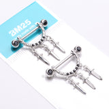 Detail View 3 of A Pair of Triple Dagger Sword Sparkle Stirrup Dangle Nipple Barbell Ring-Black