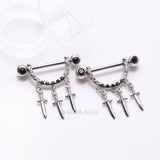Detail View 1 of A Pair of Triple Dagger Sword Sparkle Stirrup Dangle Nipple Barbell Ring-Black