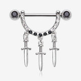 A Pair of Triple Dagger Sword Sparkle Stirrup Dangle Nipple Barbell Ring