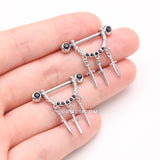 Detail View 2 of A Pair of Triple Dagger Sword Sparkle Stirrup Dangle Nipple Barbell Ring-Black