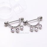 Detail View 1 of A Pair of Triple Heart Sparkle Stirrup Dangle Nipple Barbell Ring-Vitrail Medium