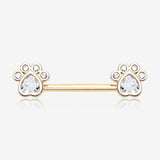 A Pair of Golden Sparkle Adorable Paws Nipple Barbell-Clear Gem