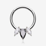 Brilliant Sparkle Teardrop Marquise Drop Clicker Hoop Ring-Black/Clear Gem