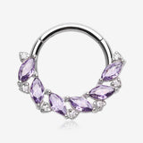 Brilliant Sparkle Marquise Floral Wreath Clicker Hoop Ring-Amethyst/Clear Gem