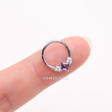 Detail View 3 of Brilliant Sparkle Princess Trio Sparkle Clicker Hoop Ring-Amethyst/Clear Gem