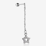 Chained Sparkle Hollow Star Dangle Cartilage Barbell Earring-Clear Gem