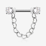 A Pair of Sparkle Chained Hollow Heart Internally Threaded Nipple Barbell