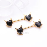 Detail View 1 of A Pair of Golden Devil Heart Sparkle Nipple Barbell-Black