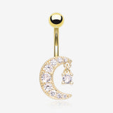 Golden Crescent Moon Dainty Sparkle Belly Button Ring