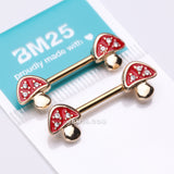 Detail View 3 of A Pair of Golden Poison Red Mushroom Sparkle Nipple Barbell