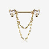 A Pair of Golden Heart Gem Sparkle Double Chained Nipple Barbell