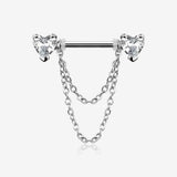 A Pair of Heart Gem Sparkle Double Chained Nipple Barbell