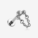 Chained Sparkle Trio Gem Top Internally Threaded Labret Flat Back Stud