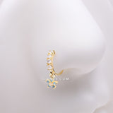 Detail View 1 of Golden Magnificent Flower Sparkle Dangle Multi-Gem Lined Bendable Hoop Ring-Blue/Clear Gem