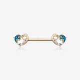 A Pair of Golden Blue Dolphin Wave Heart Sparkle Nipple Barbell-Blue
