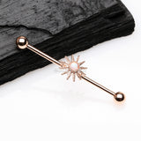 Detail View 1 of Rose Gold Fire Opal Sunburst Sparkle Industrial Barbell-White Opal