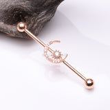 Detail View 1 of Rose Gold Sparkle Moon and Starburst Industrial Barbell-Clear Gem