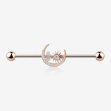Rose Gold Sparkle Moon and Starburst Industrial Barbell-Clear Gem