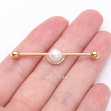 Detail View 2 of Golden Pearlescent Sparkle Crescent Rim Industrial Barbell-Clear Gem