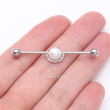 Detail View 2 of Pearlescent Sparkle Crescent Rim Industrial Barbell-Clear Gem