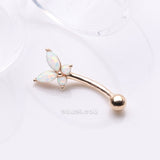 Detail View 1 of 14 Karat Gold Prong Set Marquise Butterfly Fire Opal Sparkle Curved Barbell-White Opal