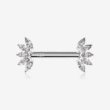 A Pair of 14 Karat White Gold OneFit Threadless Marquise Sparkle Floral Nipple Barbell-Clear Gem