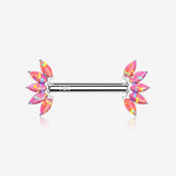 A Pair of 14 Karat White Gold OneFit Threadless Marquise Fire Opal Floral Nipple Barbell-Pink Opal