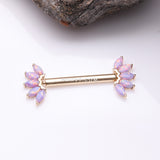 Detail View 1 of A Pair of 14 Karat Gold OneFit Threadless Marquise Fire Opal Floral Nipple Barbell-Purple Opal