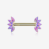 A Pair of 14 Karat Gold OneFit Threadless Marquise Fire Opal Floral Nipple Barbell-Purple Opal