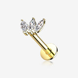 14 Karat Gold OneFit Threadless Triple Marquise Sparkle Flower Flat Back Stud Labret-Clear Gem