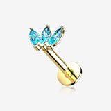 14 Karat Gold OneFit Threadless Triple Marquise Sparkle Flower Flat Back Stud Labret-Aqua