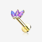 14 Karat Gold OneFit Threadless Triple Marquise Fire Opal Flower Flat Back Stud Labret-Purple Opal