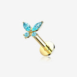 14 Karat Gold OneFit Threadless Dainty Butterfly Sparkle Flat Back Stud Labret-Aqua