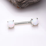 Detail View 1 of A Pair of 14 Karat White Gold Prong Set Fire Opal Sparkle Nipple Barbell-White Opal