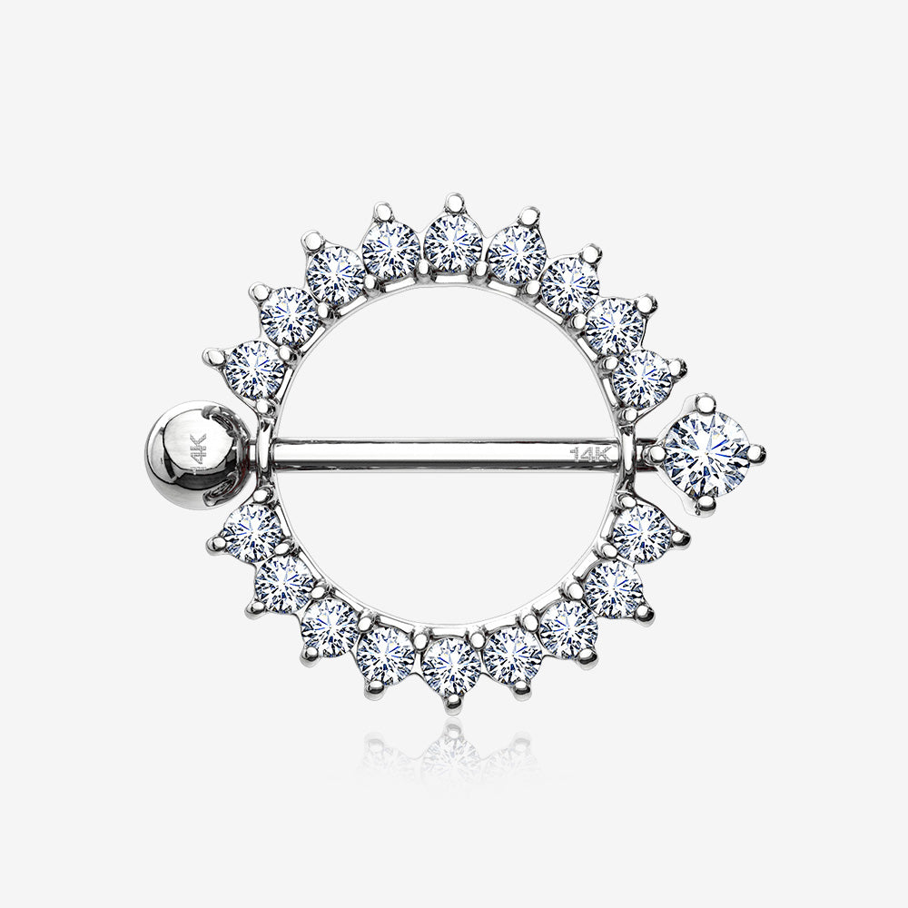 A Pair of 14 Karat White Gold Glistening Sunburst Sparkles Nipple Shield Ring-Clear Gem