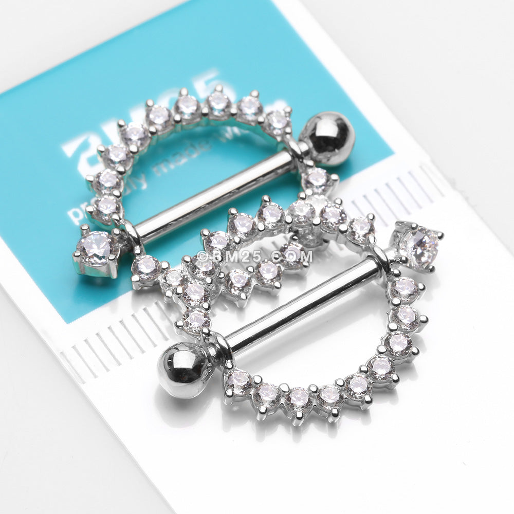Detail View 2 of A Pair of 14 Karat White Gold Glistening Sunburst Sparkles Nipple Shield Ring-Clear Gem