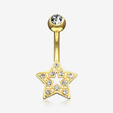 14 Karat Gold Charming Star Sparkle Belly Button Ring-Clear Gem