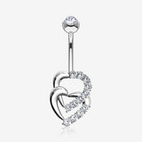 14 Karat White Gold Double Hearts Sparkle Loop Belly Button Ring